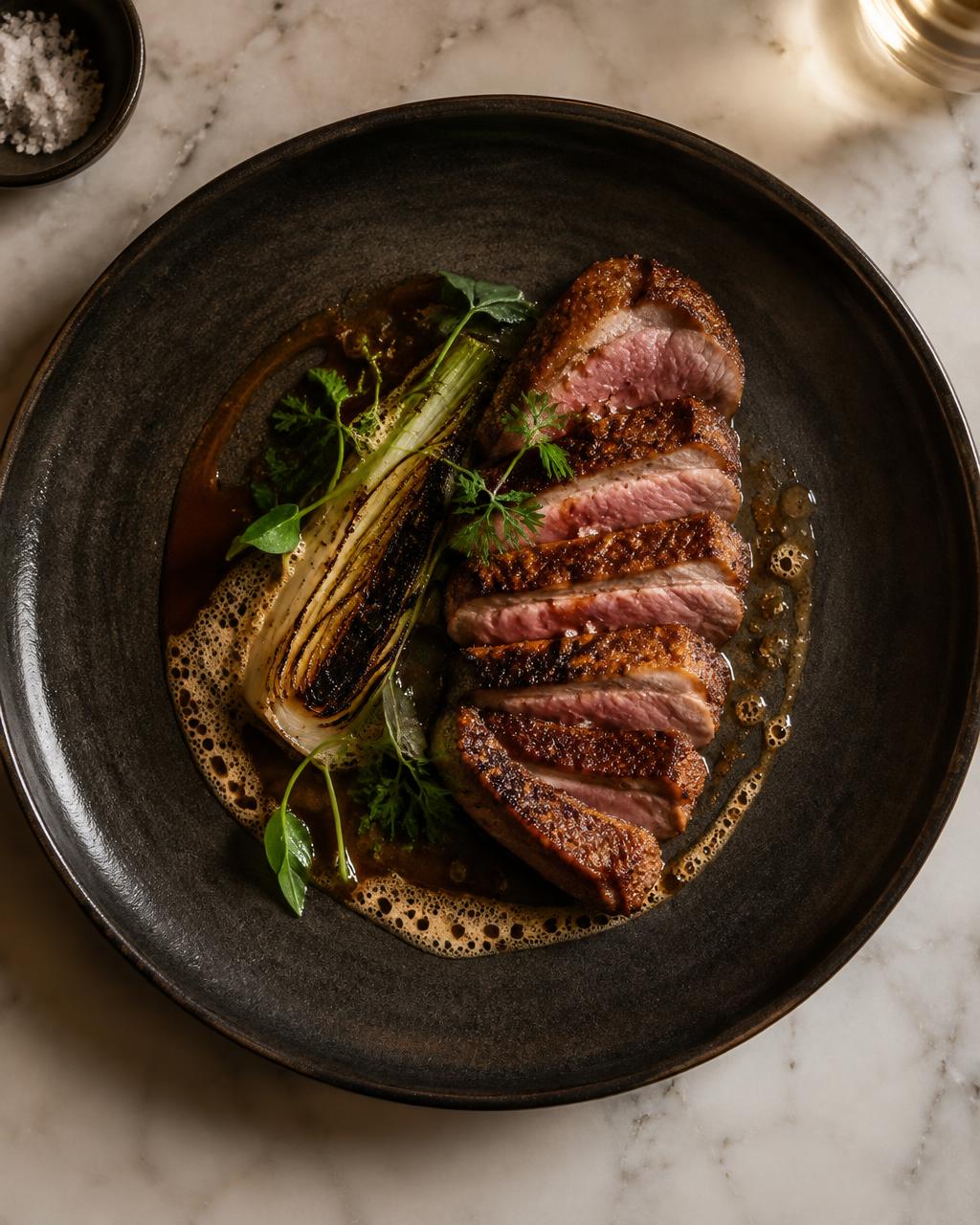 Seared duck breast with charred leek, prepared and plated for a private dinner
